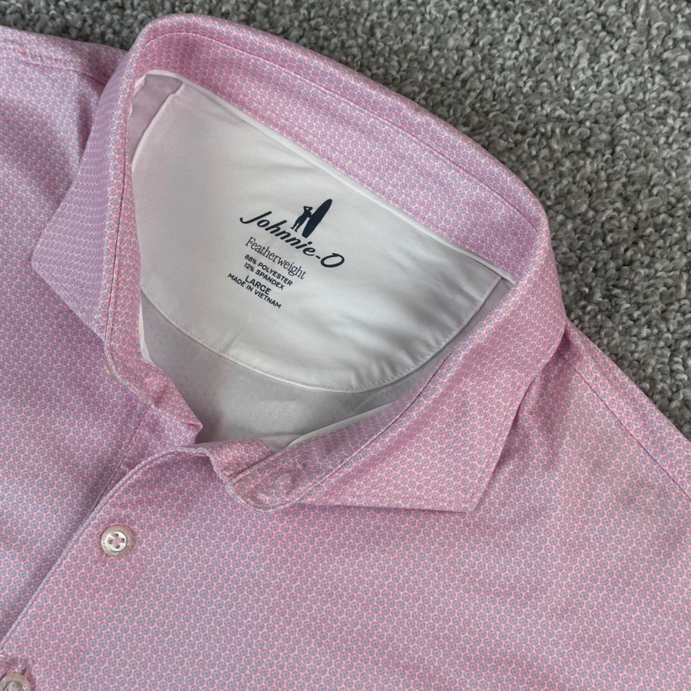 Johnnie-O Marlin Polo Mens Large Azalea Pink Featherweight Geometric NEW
